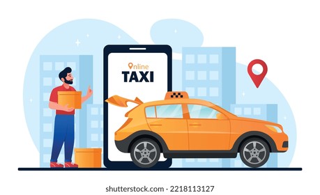 Online taxi ordering. Man puts boxes in yellow car. Moving to another place, tourist and traveler. Convenient service, modern technologies and digital world. Cartoon flat vector illustration
