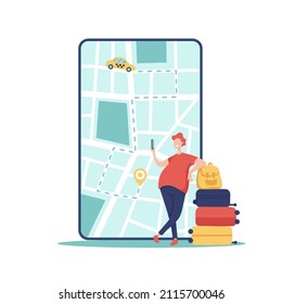 Online taxi ordering service app concept. Man calls a taxi by smartphone. Tourist stands near luggage in front of big phone with city map and yellow car location point. Vector illustration.