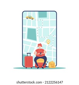 Online taxi ordering service app concept. Man calls a taxi by smartphone. Tourist sits on suitcases in front of big phone with city map and yellow car location point. Vector illustration.