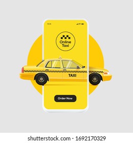 Online Taxi Bestellung Service Banner Design. Gelbes Taxi, das durch Smartphone-Bildschirm fährt. Vektorillustration