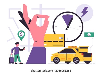 Online taxi ordering service. City taxi service. A man with a suitcase is waiting for a yellow cab. Bank card, stopwatch, hand showing ok symbol, city map. Flat vector illustration