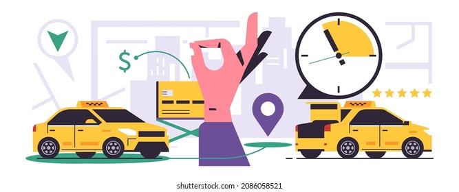 Online taxi ordering service. City taxi service. Yellow cab on the background of the city. Hand showing ok symbol, stopwatch, bank card, street map, five star, rate. Flat vector illustration
