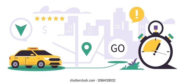 Online taxi ordering service. City yellow taxi. Transportation of people in a yellow car. City, stopwatch, map, pin, five stars. Vector illustration isolated