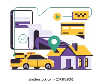 Online taxi ordering service. City taxi service. Successful online payment for a trip through a mobile application. Payment check, bank card, house, yellow car, line. Flat vector illustration