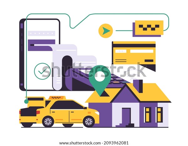 Online\
taxi ordering service. City taxi service. Successful online payment\
for a trip through a mobile application. Payment check, bank card,\
house, yellow car, line. Flat vector\
illustration