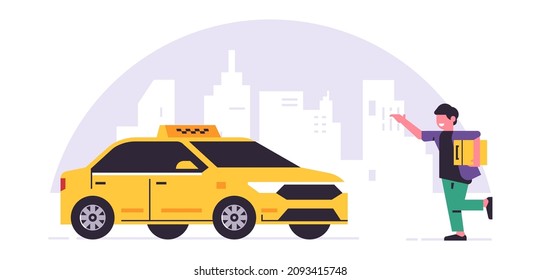 Online taxi ordering service. A driver in a yellow taxi, a passenger, transportation of people. Running man with a suitcase, city, cab. Vector illustration isolated on background.
