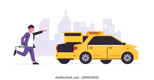 Online taxi ordering service. A driver in a yellow taxi, a passenger, transportation of people. Running businessman with umbrella, city, cab. Vector illustration isolated on background.