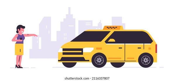 Online taxi ordering service. A driver in a yellow taxi, a passenger, transportation of people. The girl is waiting for the car, city, cab. Vector illustration isolated on background.