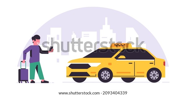 Online taxi ordering\
service. A driver in a yellow taxi, a passenger, transportation of\
people. Man with a suitcase, city, cab. Vector illustration\
isolated on background.