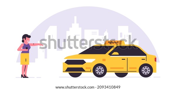 Online\
taxi ordering service. A driver in a yellow taxi, a passenger,\
transportation of people. The girl is waiting for the car, city,\
cab. Vector illustration isolated on\
background.