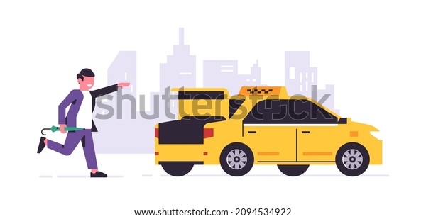 Online\
taxi ordering service. A driver in a yellow taxi, a passenger,\
transportation of people. Running businessman with umbrella, city,\
cab. Vector illustration isolated on\
background.