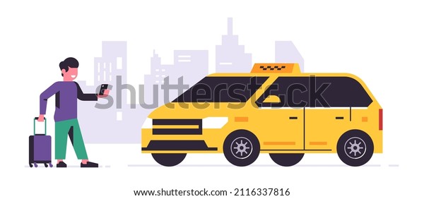 Online taxi ordering
service. A driver in a yellow taxi, a passenger, transportation of
people. Man with a suitcase, city, cab. Vector illustration
isolated on background.
