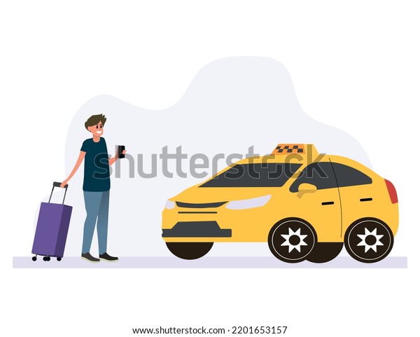 Online taxi ordering\
service. A driver in a yellow taxi, a passenger, transportation of\
people. Man with a suitcase, city, cab. Vector illustration\
isolated on background.
