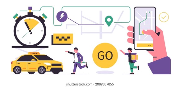 Online taxi ordering service. A hand holding a phone with a map for ordering a taxi on the display. Urban cab service. Passengers running to the yellow car. Street map, stopwatch. Flat illustration