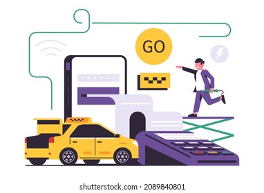 Online taxi ordering service. Successful online payment for the city taxi service. Yellow cab, pay, cash, nfc, man, car, line, icon, sign. Flat vector illustration
