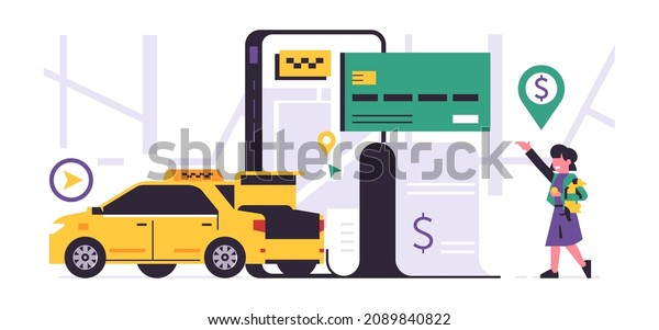 Online taxi ordering service. Successful\
online payment for the city taxi service. A telephone with a city\
map on display, a payment receipt, a bank card, a yellow car, girl.\
Flat vector\
illustration