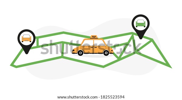 Online taxi or rent transportation set\
isolated objects. Driver and passenger in car, front and side view.\
Smartphone screen with map and markers, navigation and route.\
Vector character\
illustration