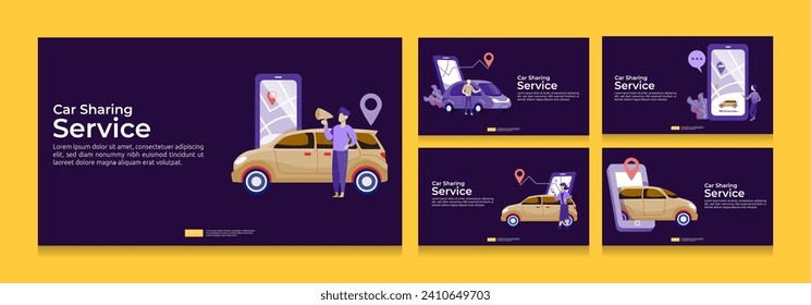 online taxi or rent transportation using smartphone service application with character and route points location on gps map for landing page banner, web, UI, flyer. Car sharing illustration bundle set