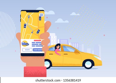 Online Taxi Service Application. Transport Sharing. Carpool Route in Screen of Mobile Phone with Geolocation of Automobile. Passenger Waiting Driver to Pick him Up. Online Order Point.