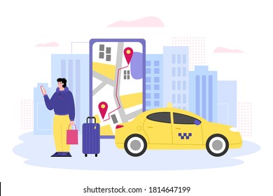 Online taxi service banner with cartoon character of man placing car order in mobile app, flat vector illustration isolated on white background. Taxi for city trips.