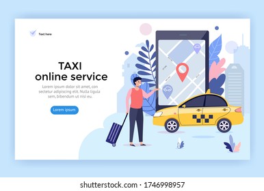 Online taxi service, car sharing concept illustration. Young man using smartphone for call taxi. Perfect for web design, banner, mobile app, landing page, vector flat design