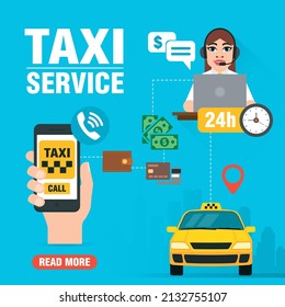Online taxi service concept design flat with taxi dispatcher. Yellow taxi car, hand holding smartphone with taxi application. Vector illustration
