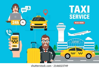 Online taxi service concept design flat. Airport train station. Vector illustration