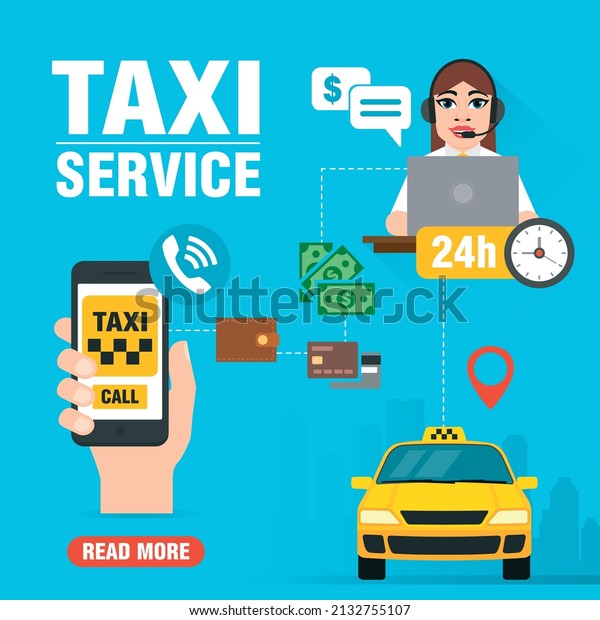 Online taxi service concept design flat with\
taxi dispatcher. Yellow taxi car, hand holding smartphone with taxi\
application. Vector\
illustration