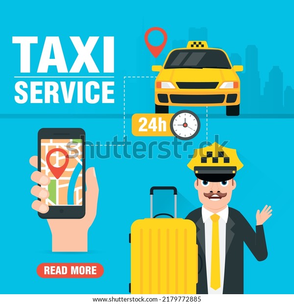 Online taxi service concept design\
flat.Yellow taxi car with taxi driver. Vector\
illustration