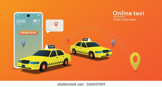 Online taxi service concept.perfect for landing page, taxi website, banner, background, application, poster, on mobile. Horizontal view