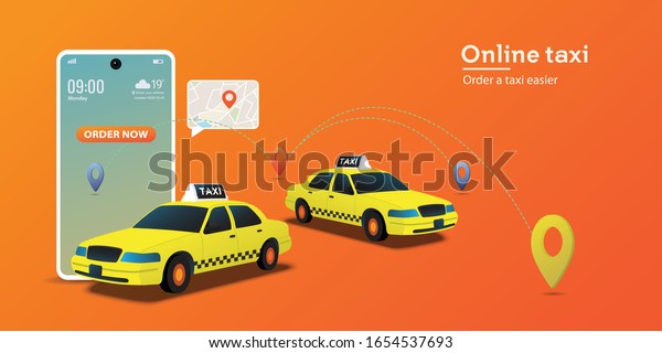 Online taxi service concept.perfect for landing\
page, taxi website, banner, background, application, poster, on\
mobile. Horizontal view