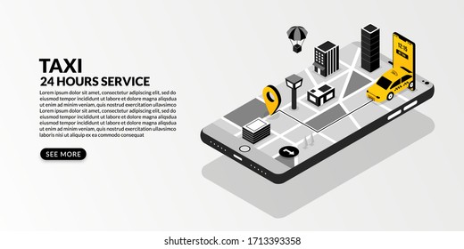 Online taxi service with the connected metropolis in isometric design