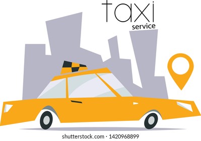 Online taxi service. Taxi and downtown on white background. Flat vector illustration in cartoon style.