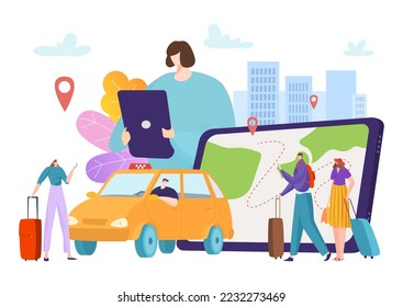 Online taxi service mobile application, tourist people together order public cab transportation flat vector illustration, isolated on white.