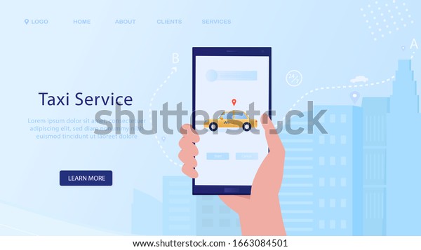 Online taxi service. Ordering a car via\
smartphone. Taxi ordering app. Landing Page with hand and with city\
silhouette on background. Taxi Tracking Online Taxi Available City.\
Flat Illustration\
Vector