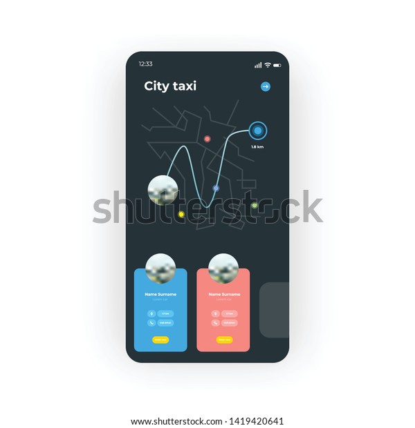 Online Taxi service with red and blue colors UI,\
UX, GUI screen for mobile apps design. Modern responsive user\
interface design of mobile applications including Taxi Location and\
map screen