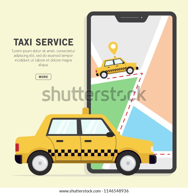 Online taxi\
service with smart phone map vector illustration taxi car and smart\
phone map global positioning\
system