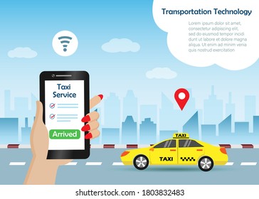 Online taxi service and transportation technology concept. Woman hand calling taxi service and check arriving status on smart phone screen, WIFI, pin points and city buildings background.