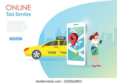 Servicio de taxi en línea y tecnología de transporte. Mujer llamando al servicio de taxi con mapa de ubicación en la pantalla del teléfono inteligente.