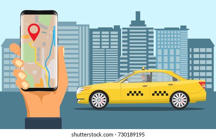 Online Taxi service. Yellow taxi cab and hand holding smartphone with taxi application. Illustrated vector.