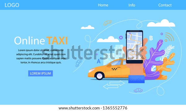 Online Taxi\
Service. Yellow Cab Flat Illustration. Outline Design Landing Page\
for Car Booking Advertising. Horizontal Smartphone App Concept for\
Urban Transport Booking and\
Order.