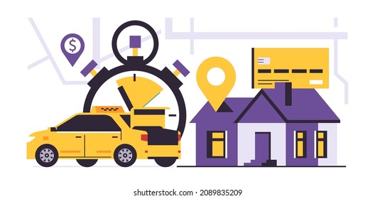 Online Taxi Service To Your Home. A Yellow Taxi Is Waiting For A Passenger At The House. Map, Gps Point, Stopwatch, Bank Card. Vector Illustration Isolated On Background