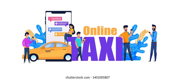 Online Taxi Smartphone Book. Yellow City Transport Service. Vector Banner of Public Transportation Concept. Flat People Character Chat in Application. Automobile Rent for Travel via Internet.