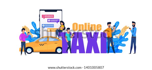 Online Taxi Smartphone Book. Yellow City\
Transport Service. Vector Banner of Public Transportation Concept.\
Flat People Character Chat in Application. Automobile Rent for\
Travel via Internet.