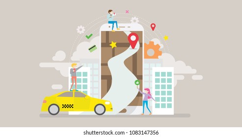 Online Taxi Tiny People Character Concept Vector Illustration, Suitable For Wallpaper, Banner, Background, Card, Book Illustration, Web Landing Page, and Other Related Creative