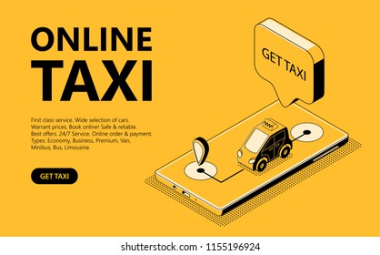 Online taxi vector illustration of isometric black thin line art on yellow halftone background. Mobile phone screen with a car driving along the route, web page for receiving a cab