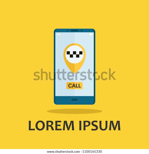 Online taxi-service concept image. Taxi\
service application on screen. Vector business card template.\
Vector illustration. Yellow symbols. Yellow\
background