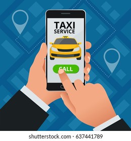 Online Taxi-service concept. Man orders a taxi from his cell phone.  Taxi service application on screen. Vector business card template. 