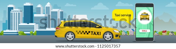 Online Taxi-service concept. Man orders a taxi\
from his cell phone. Taxi service application on screen. Vector\
business card template.