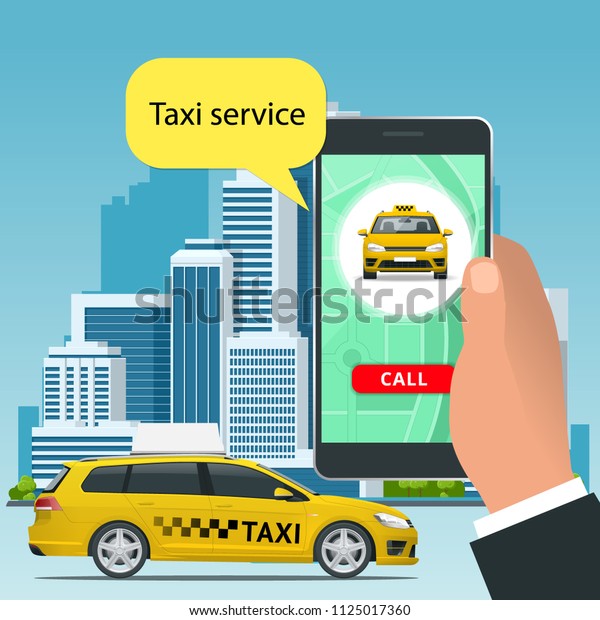 Online Taxi-service concept. Man orders a taxi\
from his cell phone. Taxi service application on screen. Vector\
business card template.